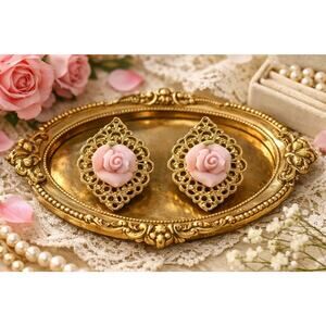 Vintage Pink Rose Filigree Earrings Gold Tone Romantic Floral Studs